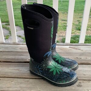 Bogs Classic High Daisy Boots Womens 9 Black Floral Waterproof Outdoor Gardening